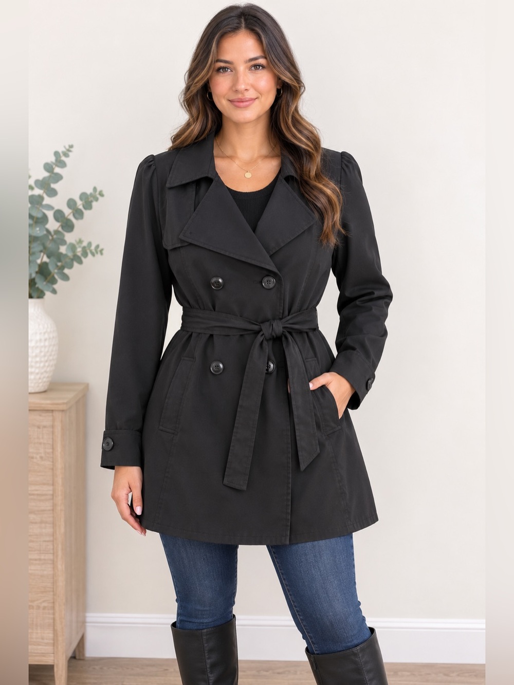 Vertigo Paris Black Double-Breasted Trench with Waist Tie